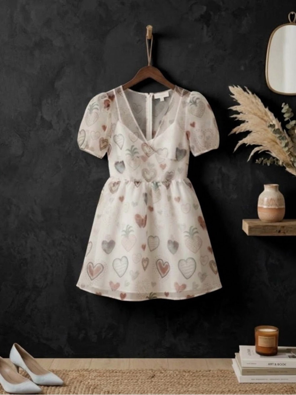 Farm Rio x Anthropologie Heart Print Sheer Babydoll Dress Women's XS NWT
